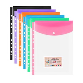 12 Pack Multicolor Punched Pockets A4 Plastic Wallets, 11 Holes Expandable Large Capacity Binder Pocket with Snap Button and Label Pocket, Plastic Envelope File Folders for School Home Office (12)