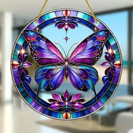 Vibrant Flower Butterfly Stained Windows Hanging Suncatcher,Flower Stained Glass Suncatchers Window Ornament Stained Glass Panel Sun Catcher Wall Hanging Decor Birthday Gifts