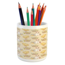 Lunarable Easter Pencil Pen Holder, Retro Celebration of Important Day Western Holiday Print, Printed Ceramic Pencil Pen Holder for Desk Office Accessory, Earth Yellow and Tan