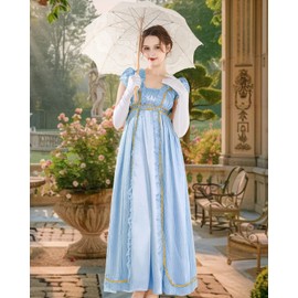 CR ROLECOS Regency Dress Women Blue Regency Costume Victorian Gown Empire Waist Tea Party Dresses With Gloves XL