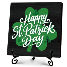 Happy St. Patrick's Day Decoration Sign, St. Patrick's Day Wood Sign with Iron Stand, Sign Home Tabletop Shelf Desk Decor, Friendship Gift St Patricks Day Decorations, 5 X 5 Inches-D07