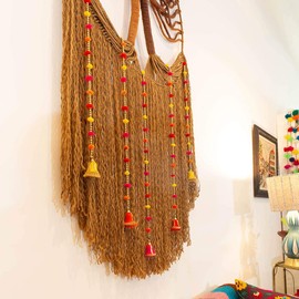 Indian Handmade Pom Pom Garland bells 4 feet approx pack of 5 garlands mixed colours diwali christmas festival eid occasions (Yellow)