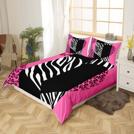 Manfei Kids Leopard Duvet Cover Set Full Size, Love Heart Comforter Cover with 2 Pillowcases, Black White Pink Leopard Zebra Print Bedding Set 3pcs for Boys Girls Bedroom Decor, Animal Quilt Cover