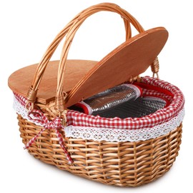 DoubleFill Wicker Insulated Picnic Basket with Lid Wicker Picnic Basket with Folding Handles and Insulated Cooler Bag for Picnic Camping Outdoor Easter Valentine‘s Day Birthday Gift (Red Plaid,Cooler)