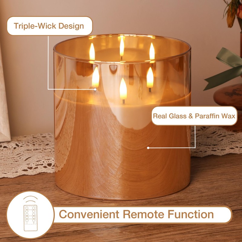 Eywamage 3 Wick Gold Glass Flameless Candle with Remote, Large