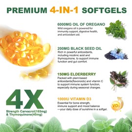 Oil of Oregano, 300 Softgels, 4-in-1 Oil of Oregano with Black Seed Oil, Vitamin D3 & Elderberry, Oregano Oil Capsules Organic, 4X Strength Carvacrol & Thymoquinone, Non-GMO & Immune Support