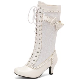LUXMAX Women Gothic Victorian Boots Low Kitten Heel Mid Calf Boots Lace Up Cute Bow Boots for Ladies Witch Shoes, Size 7 M US,White
