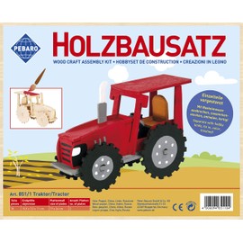 Pebaro 851/1 Tractor Wooden Construction Kit, 3D Puzzle Construction Vehicle, Model Kit, Craft with Wood, Wooden Puzzle, Pre-Cut Wooden Plate, Break Out, Put Together, Ready, Includes Emery Paper,
