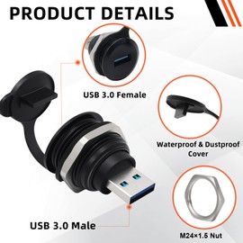 QINJOOELC USB3.0 Threaded Fixing Adapter USB 3.0 Male to Female Waterproof Round Converter for Data Transfer & Charging