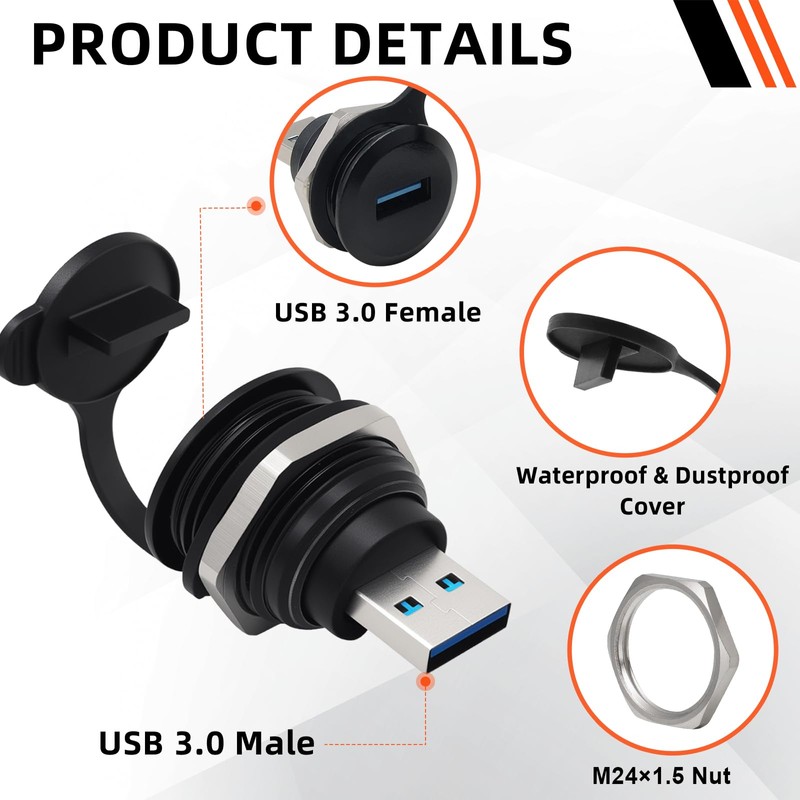 QINJOOELC USB3.0 Threaded Fixing Adapter USB 3.0 Male to Female