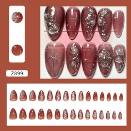 24pcs Dark Press on Nails Medium Fake Nails with 3D Irregular Pearl Design Full Cover Artificial Glue on Nails Dark Style French Nails Cute Stick on Nails Almond Shape Wearable Nail Tips for Women