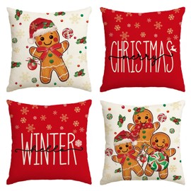 Artoid Mode Lebkuchenmann Kekse Lollipop Schneeflocken Weihnachten Kissenbezüge 4er Set, 50x50 cm Blumen Zierkissenbezug Cushion Cover Couch Deko