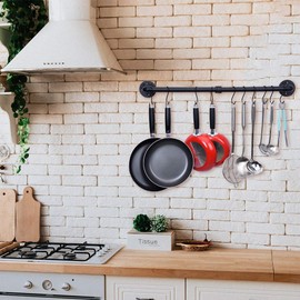 38 Inch Pipe Pot Bar Rack, Wall Mounted Pan Hanging Rail Bar with 10 S Hooks, Kitchen Lids Utensil Spatula Hanger Organizer, Black