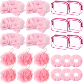 Moucuny 24 Pieces Spa Gift Set Spa Party Supplies 6 Pink Spa Headband 6 Shower Loofahs 6 Pink Velvet Scrunchies 6 Cosmetic Bags for Slumber Sleepover Birthday Party Favors Gift