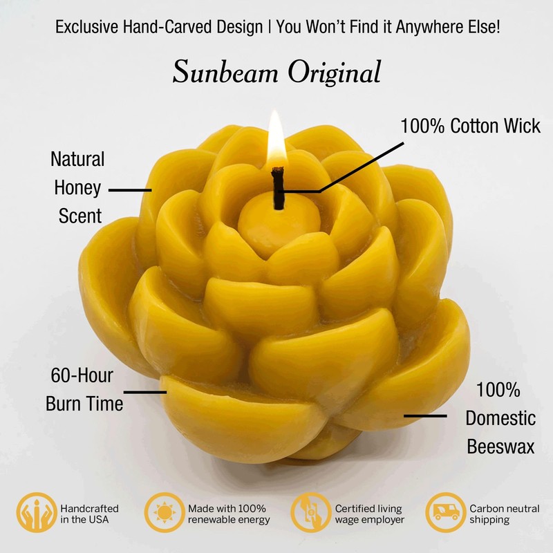 Sunbeam Candles 100% Pure Beeswax Lotus Candle | 40-Hour Long