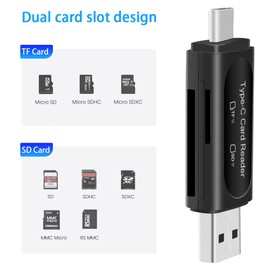 SD Card Reader, Seminer 4-in-1USB C/USB 2.0 Dual Slot OTG Memory Card Adapter for TF/Micro SD/SD/SDXC/Micro SDXC/Micro SDHC Memory Cards (Black)