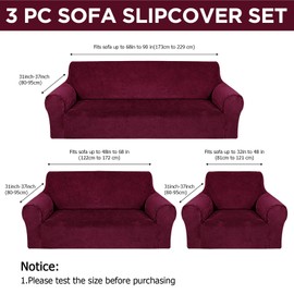 Peryiter 3 Pcs Slipcover Set for Couch Furniture Covers for Sofa Loveseat Couch Arm Chair, Form Fit Stretch, Wrinkle Free, Furniture Protector(Burgundy,Velvet)