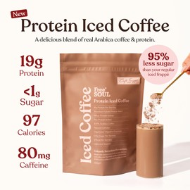 Protein Iced Coffee | 19g Protein & 80mg Caffeine per Serving | Only 97Kcal | Low Calorie + High Protein | Whey Protein & Pea Protein Isolate Blend + Digestive Enzymes | Café Frappé | Free Soul