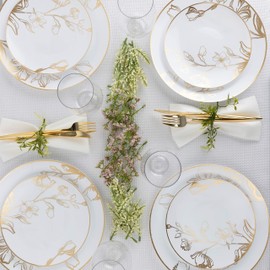 PLASTICPRO 60 Piece Combo Plates Set includes 30-7'' inch Plates & 30-10'' inch Plate White Plastic Floral Design Party Plates With Gold Rim, Premium heavyweight Elegant, Tableware,