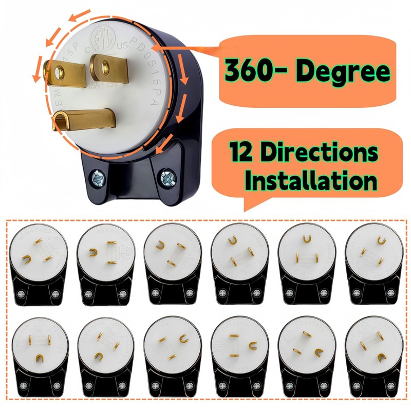 Nema 5-15P 15AMP 125Volt Male Plug,USA Canada Male DIY Rewirable