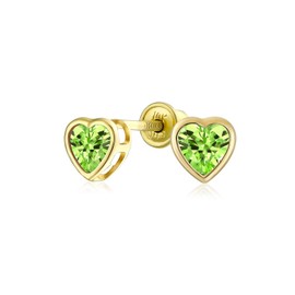 .25CT Tiny Cubic Zirconia Olive Green CZ Bezel Set Heart Stud Earrings For Women Simulated Peridot Real 14K Gold Screw back