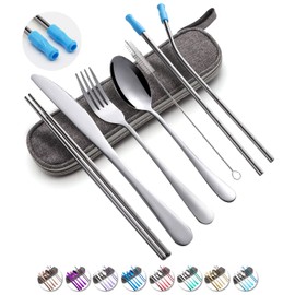 Travel Utensils Set with Case Reusable Portable Cutlery Set Stainless Steel 8pcs Including Dinner Knife Fork Spoon Chopsticks Straws(Silver)