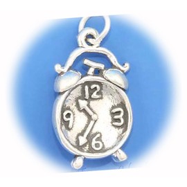 New Twin Bell Alarm Analog Clock 3D 925 Solid Sterling Silver Charm for Everyday Wear and Any Outfit ISLANL01284