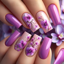 Purple Flower False Nails Purple Press on Nails Medium Length Artificial Acrylic Nails Full Cover Glossy Coffin Nails Floral Stick on Nails Spring Fake Nails Reusable Glue on Nails for Women 24Pcs