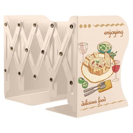 Cookbook Bookends, Kitchen Bookends, Adjustable Metal Book Ends for Shelves Decorative, Unique Design for Heavy Books, Non-Skid Book Holder for Kitchen Housewarming Cooking Lover Gifts (White 1)