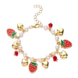 KZL 3D Fruit Strawberry Cherry Pearl Beaded Bracelet Adjustable Love Heart Charm Bracelets for Women Y2k Aesthetic Jewelry Gifts-Strawberry