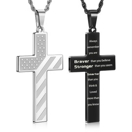 Romass 2Pcs Graduation Gifts Cross Necklace for Men Boys, Bible Verse Stainless Steel American Flag Pendant Silver Black Chain Jewelry Box Gifts for Him Boys Men Teens Dad