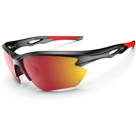 [HAAYOT] 偏光サングラス男性女性サイクリングメガネスポーツサングラス軽量耐久性TR90フレームMTBゴーグル釣り運転、光沢のある黒＆レッドゴールド