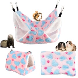 TCYYNEK 3 Pieces Small Pet Cage Hammock Set Include Double-Layer Sugar Glider Swinging Bed Hanging Rat House Cage and Hamster Warm Bed Mat (Pink)