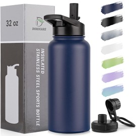 DOMICARE 32 oz Insulated Water Bottle, Vacuum Insulated Stainless Steel Sports Water Bottle with Straw Lid & Spout Lid, Leakproof, Reusable - Travel, Camping, Bike, Navy Blue