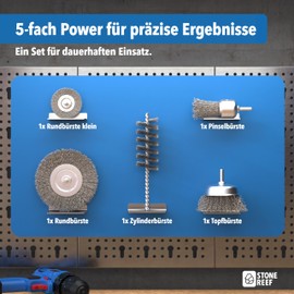 STONE REEF Wire Brush Set of 5 [6 mm Round Shank] Drills, Cordless Screwdriver Wire Attachment - Universal Attachments for Surface Processing - Ideal for Rust Removal and Removal of Paint, Wood and