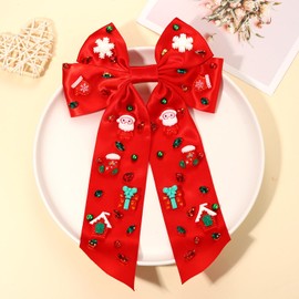 Vokone Christmas Hair Bows Jeweled Hair Bows for Women Girls Hair Ribbon Christmas Bows Snowflake Reindeer Hair Bows Clip Santa Xmas Holiday Hair Accessories for Women