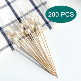 200 Pcs Cocktail Picks, Fancy Toothpicks for Appetizers,4.7 Inch Long Decorative Bamboo Toothpicks, Cocktail Skewers Sticks for Wedding Party Picks for Charcuterie Accessories-White Pearl Toothpicks