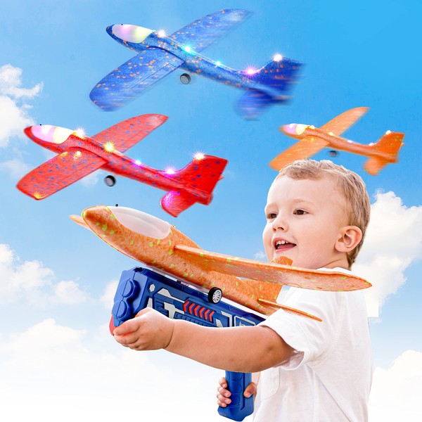 BELLOCHIDDO 3 Pack Airplane Launcher Toy, LED Foam Glider Catapult Plane Shooting Game, Outdoor Toys for Boys, Flying Plane Toys for Kids, Birthday Gifts for 4 5 6 7 8 9 10 11 12 Year Old