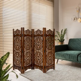 Light & Pro Wood Heart Design Handmade Hinged Foldable Partition 4 Panel Room Divider Screen with Intricately Carved Designs, Pre Assembled - Ready to Use - 48" x 1" x 64", Burnt
