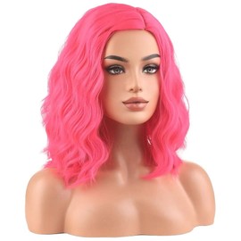 WTHCOS Hot Pink Wigs for Women Girls Short Curly Wavy Wig Side Part wig Pink Wig Heat Resistant Synthetic Wigs for Cosplay Costume Party