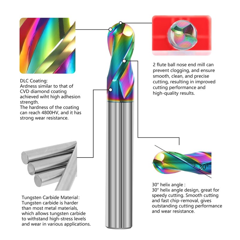 AYCHOLIZ 1/8" Solid Carbide Ball Nose End Mill 2Flute DLC