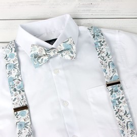 Men's Cotton Floral Suspenders and Bow Tie Set for Groomsmen Wedding Parties, 48-Dusty Blue 48 Inch