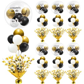 6 Sets Graduation Table Centerpieces Decoration Metallic Foil Spray Grad Burst Centerpiece with White Black Gold Balloons Bobo Balloons for Class of 2025 Grad Prom Party Decorations Supplies
