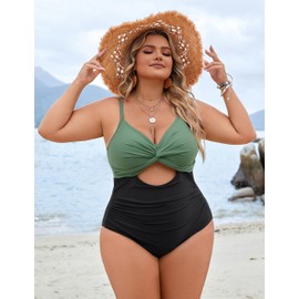 Blooming Jelly Womens Plus Size Bathing Suit 2024 Summer One Piece Swimsuits Cute Twist Front Ruched Swimwear (XX-Large,Green and Black)