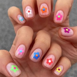 MERVF Square Press on Nails Short Fake Nails Press ons Colorful Glue on Nails Flower Squoval Acrylic Nails Spring False Nails with Floral Design Glossy 24pcs