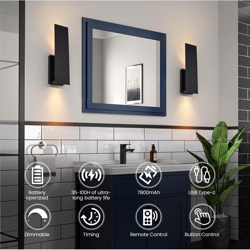 Black Wireless Wall Sconces Set of Two,3000K-6000K Dimmable Battery Operated