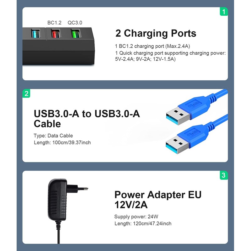 USB Hub 3.0 with Power Supply, Vansuny USB Hub Active