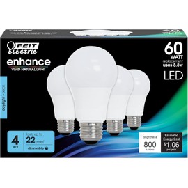 Feit Electric A19 LED Light Bulb, 60W Equivalent, Dimmable, 800 Lumens, E26 Medium Base, 5000K Daylight, CRI 90, 25,000 Hour Lifetime, UL Listed, Damp Rated, 4 Pack, OM60DM/950CA/4
