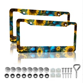 Blue Butterfly Sunflower License Plate Frame - 2 Packs Universal Stainless Steel Car License Plate Frames Covers Holder Rustproof for Men Women