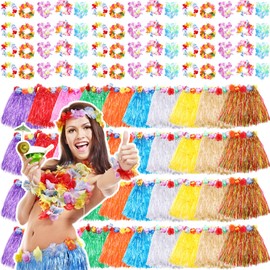 Breathffy 120 Pcs Hawaiian Grass Skirt Tropical Flower Wristband Set with 40 Hawaiian Luau Hula Skirts 80 Elastic Hibiscus Wristbands for Hawaiian Themed Decorations Party Favors Supplies, Multicolor